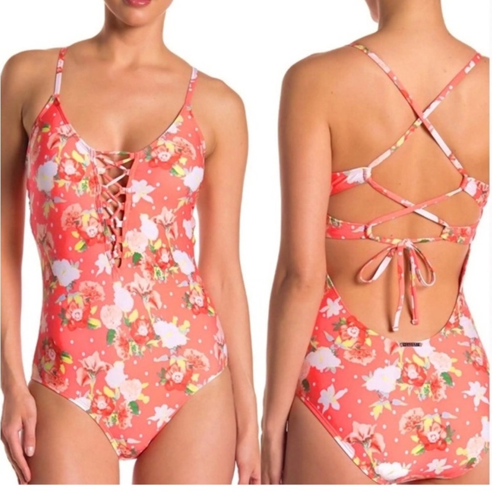 Laundry by Design Floral Lace-Up One-Piece Swimsuit cosmic coral orange XS NWT